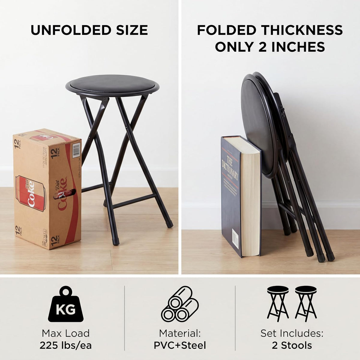 LeTinn 1-Pack Folding Bar Stools, 18-Inch Heavy-Duty Stools with Padded Seats - 225lb Capacity, Steel Frame & PVC Cover for Kitchen, Dorm, Game Room, Portable Indoor Stools (Black)