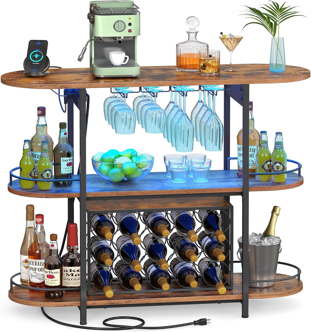 VASAGLE Bar Cabinets for Home, LED Coffee Bar with Power Outlets | Mini Bar for Liquor, Freestanding Wine Rack with Glass Holder, Dining Room, Rustic Brown, ISLAND Collection ULWR007K01S