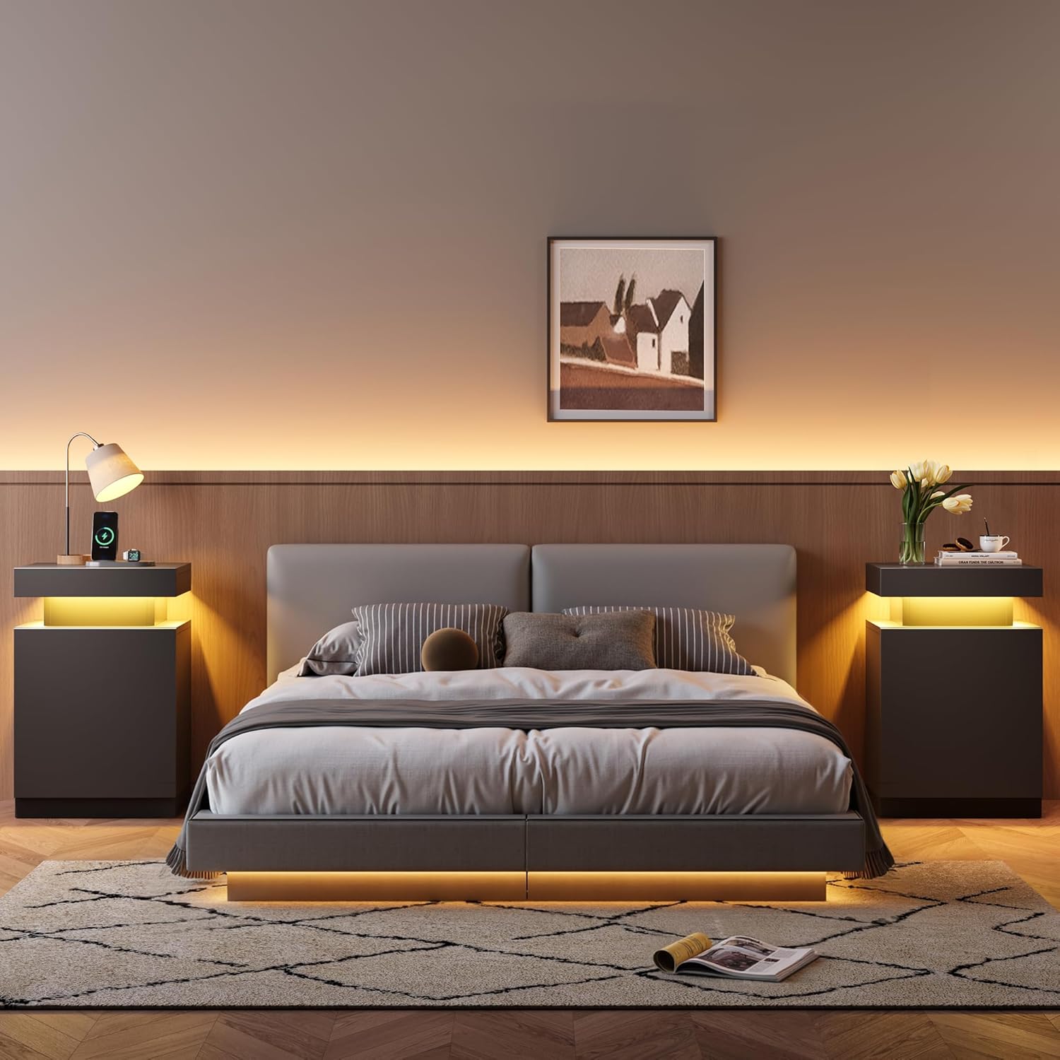 MXV Nightstand with LED Lights & Charging Station, Black Bedside Tables with USB Ports, Storage Cabinet & Drawers for Bedroom, Modern End Tables for Living Room(24 in Tall)