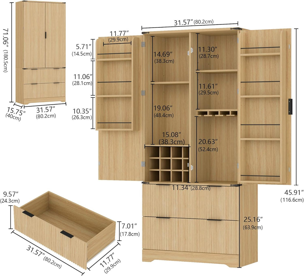 71" Tall Fluted Kitchen Pantry Storage Cabinet with 2 Drawers & 7 Door Shelf,Modern Kitchen Hutch Cabinet with Adjustable Shelves,Wood Food Pantry w/Wine Rack & Glass Holder,Cupboard for Dining Room