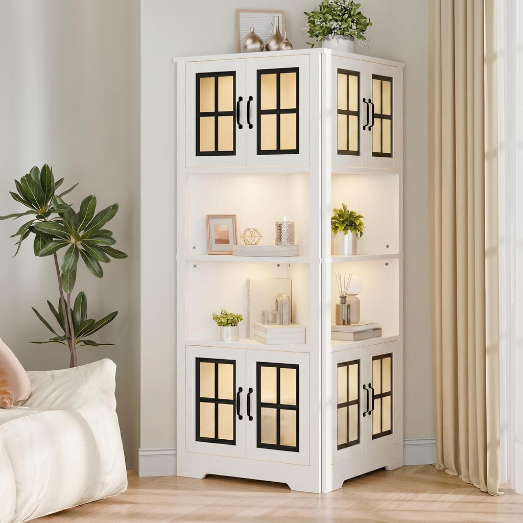 Corner Cabinet with Glass Doors and LED Lights, 67" Tall Corner Pantry Cabinet, Modern Farmhouse Corner Cabinet Organizer for Bathroom Kitchen Living Room, White