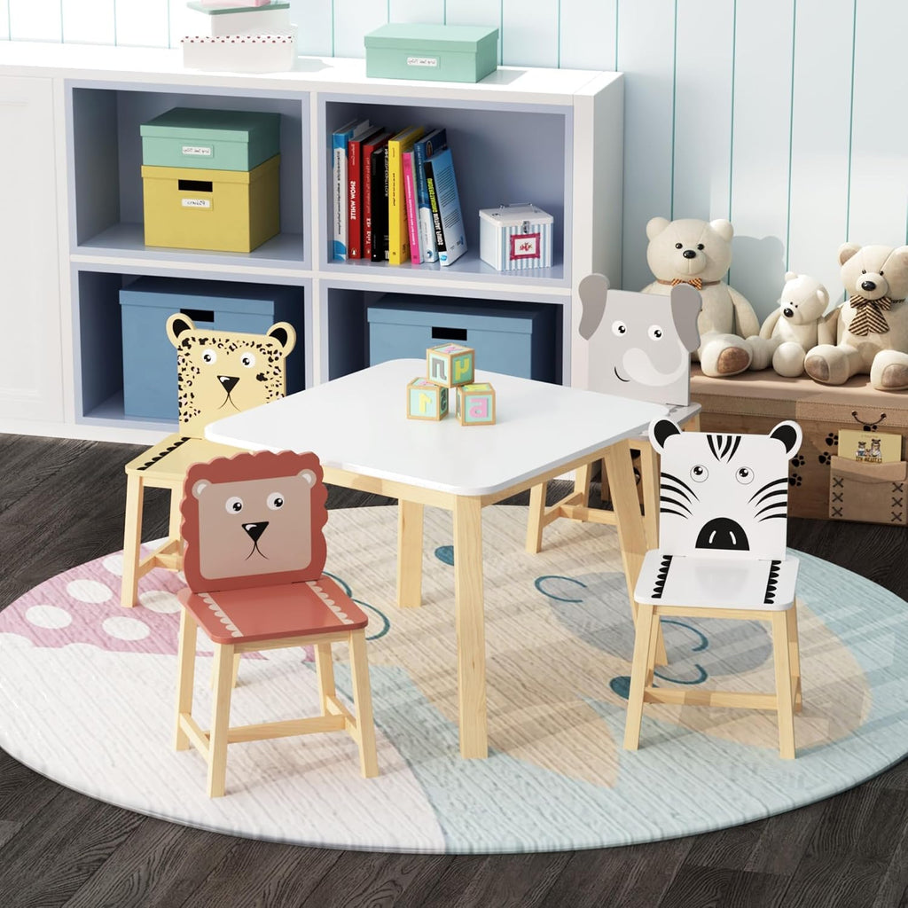 5 Piece Kiddy Table and Chair Set, Kids Wood Table with 4 Chairs Set Cartoon Animals (Bigger Table) (3-8 Years Old), Multi