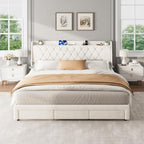Garvee King Size Bed Frame with Storage, Velvet Upholstered Platform Bed Frame with Crystal Tufted Headboard, Charging Station, 3 Drawers, No Box Spring Needed, Noise-Free,for Bedroom, Ivory