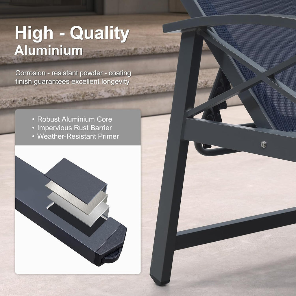 PURPLE LEAF Oversized Outdoor Lounge Chair Set of 2 Aluminum, Deep Blue | Extra wide full relaxation, Textilene quick dry & durable, Powder coat for anti-rust, Armrests added comfort, 5-Position