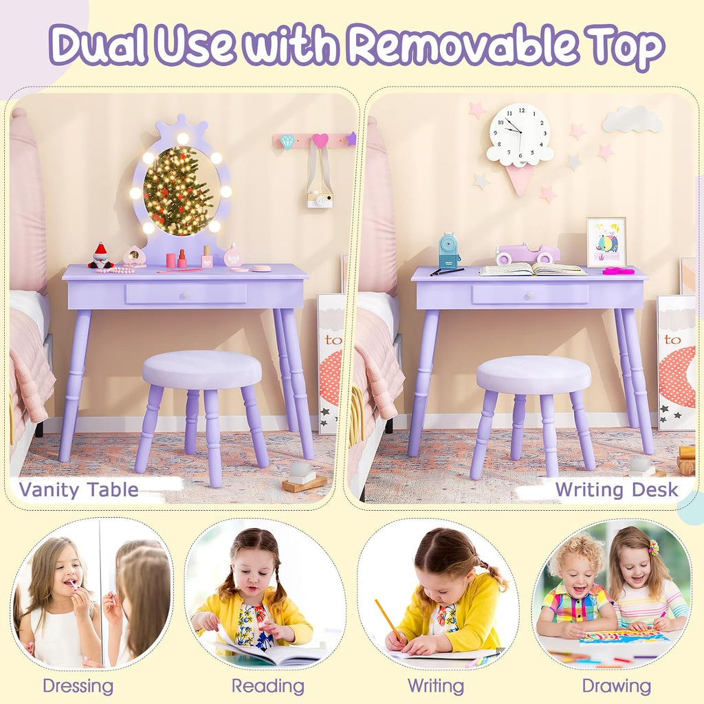 Costzon Kids Vanity, Girls Vanity Set with Mirror and Stool and Lights, Drawer, 2 in 1 Wooden Makeup Vanity Desk Dressing Table, Kids Vanity Table and Chair Set (Violet)