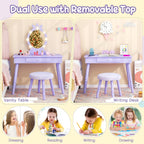 Costzon Kids Vanity, Girls Vanity Set with Mirror and Stool and Lights, Drawer, 2 in 1 Wooden Makeup Vanity Desk Dressing Table, Kids Vanity Table and Chair Set (Violet)