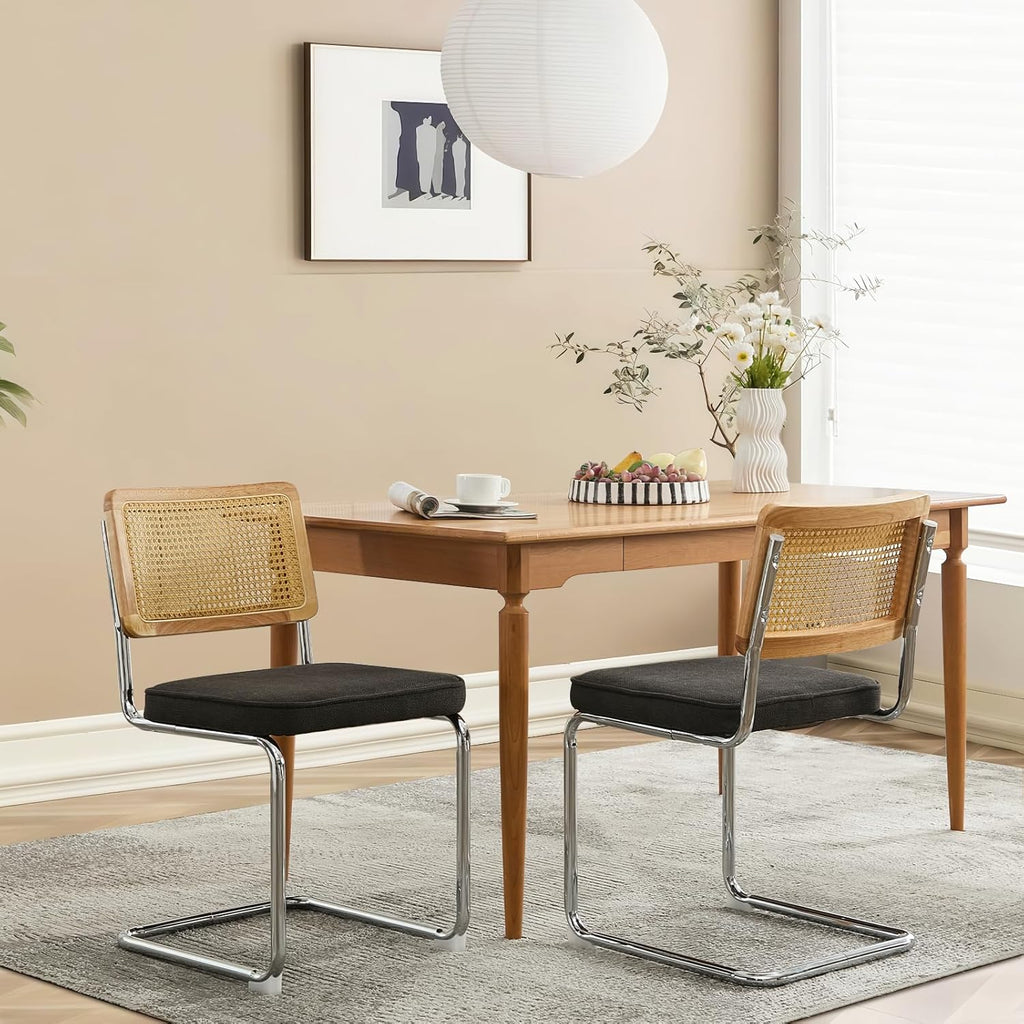 Rattan Back Linen Dining Chair Set of 4 Modern Breuer Designed Stainless Chrome Base Armless Upholstered Dining Chair for Dining Room, Kitchen Island(Black)