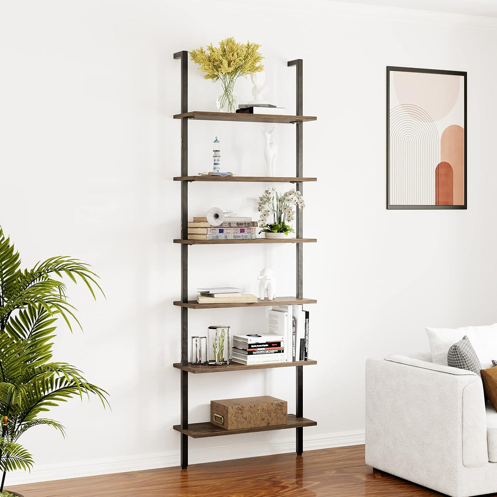 Wolawu Ladder Shelf Black 6 Tiers Modern Bookshelf Room Organizer Open Tall Wall Mount Bookcase Standing Leaning Wall Shelves Industrial Decorative Living Room Bed Room (Brown)