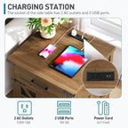 RALGEND Walnut Farmhouse End Table with Charging Station, 24" Large Sofa Side Table with Drawer, Large End Table for Living Room, Wooden Nightstand with Outlet, Square, Walnut