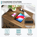 Farmhouse End Table Set of 2, 24" Large Sofa Side Table with Drawer, Large End Table for Living Room, Wooden Nightstand with Charging Station, Square, Walnut