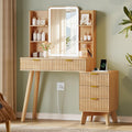 Vanity Desk With HD Lighted Mirror and Lights, Fluted Small Makeup Vanity with Storage Drawers & Shelves, Modern Dressing Table Set with Power Outlet & Glass Table Top for Women Girls Bedroom, Oak
