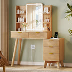 Vanity Desk With HD Lighted Mirror and Lights, Fluted Small Makeup Vanity with Storage Drawers & Shelves, Modern Dressing Table Set with Power Outlet & Glass Table Top for Women Girls Bedroom, Oak