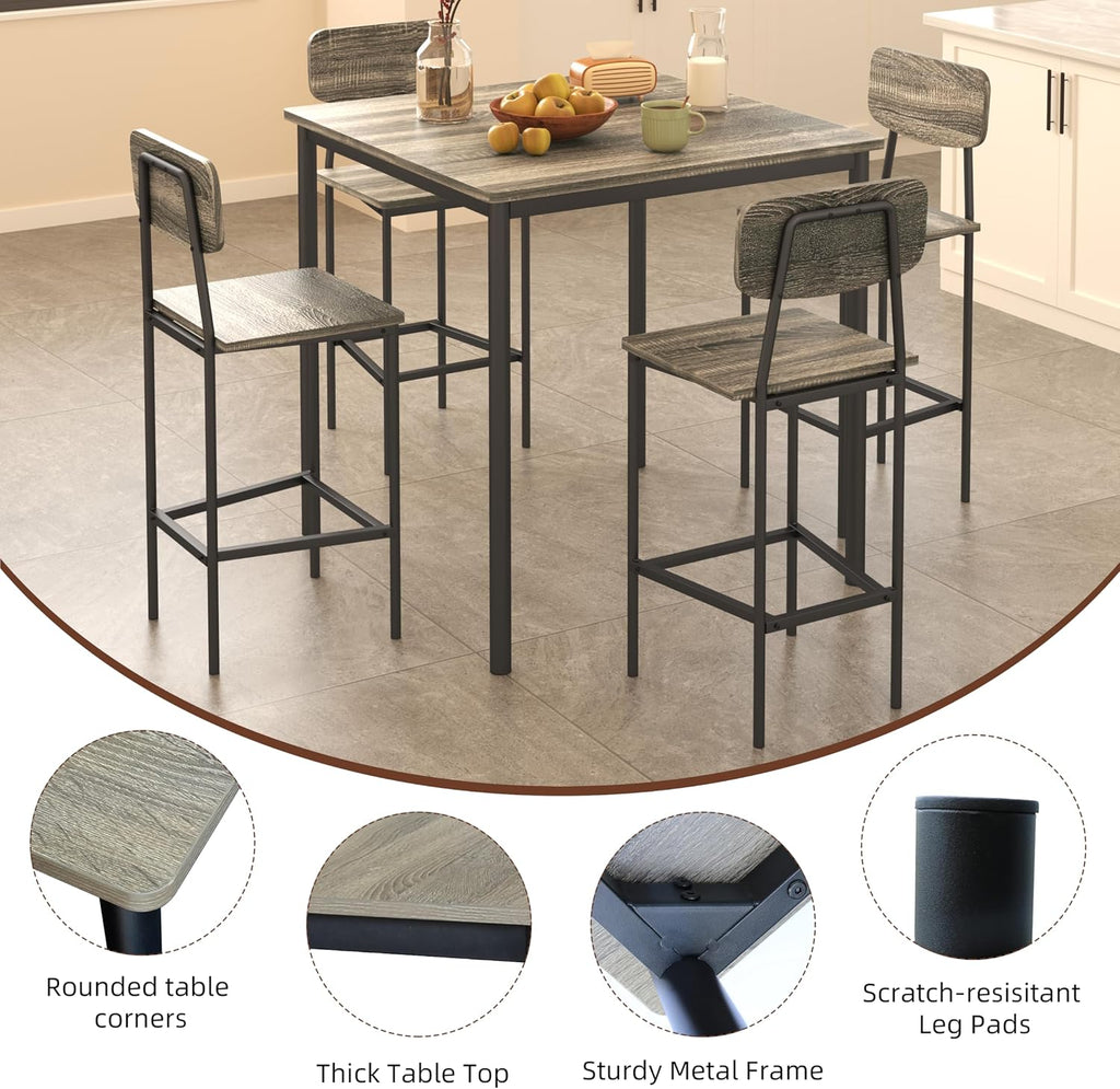 Kitchen Table and Chairs of 4, 5 Piece Dining Table Set | Sturdy Industrial Space Saving Dinette Set for Pub, Family Dinners, Apartment, Gray