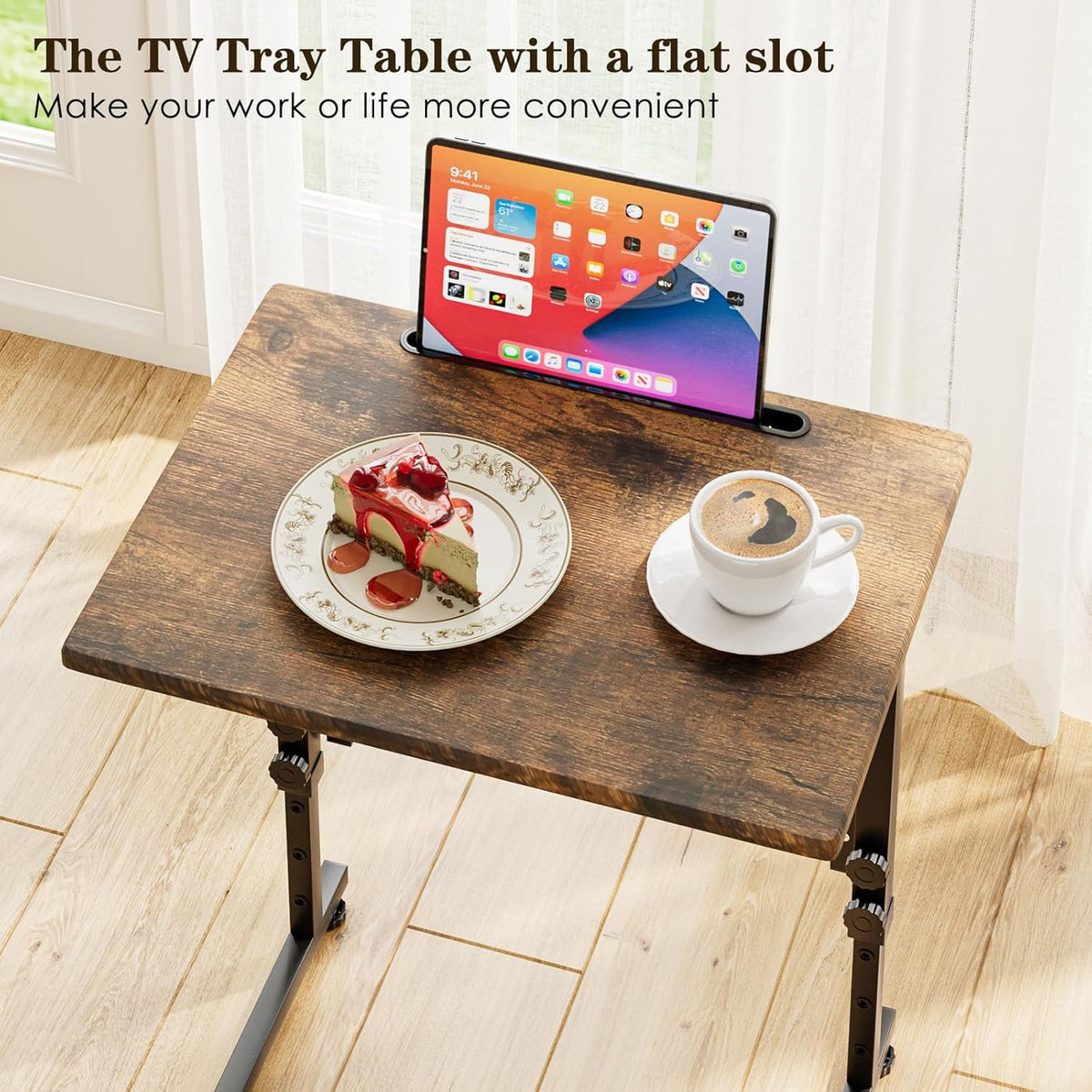 Adjustable Folding TV Tray Table,TV Dinner Small Foldable C-Shaped End Table for Eating,6 Height Adjustable Slide Under Couch Side with Sturdy MDF Top,No Assembly(Brown,2Pcs)