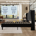 Allewie Queen Size Bed Frame, Plush Velvet Wingback, Modern Style, Black