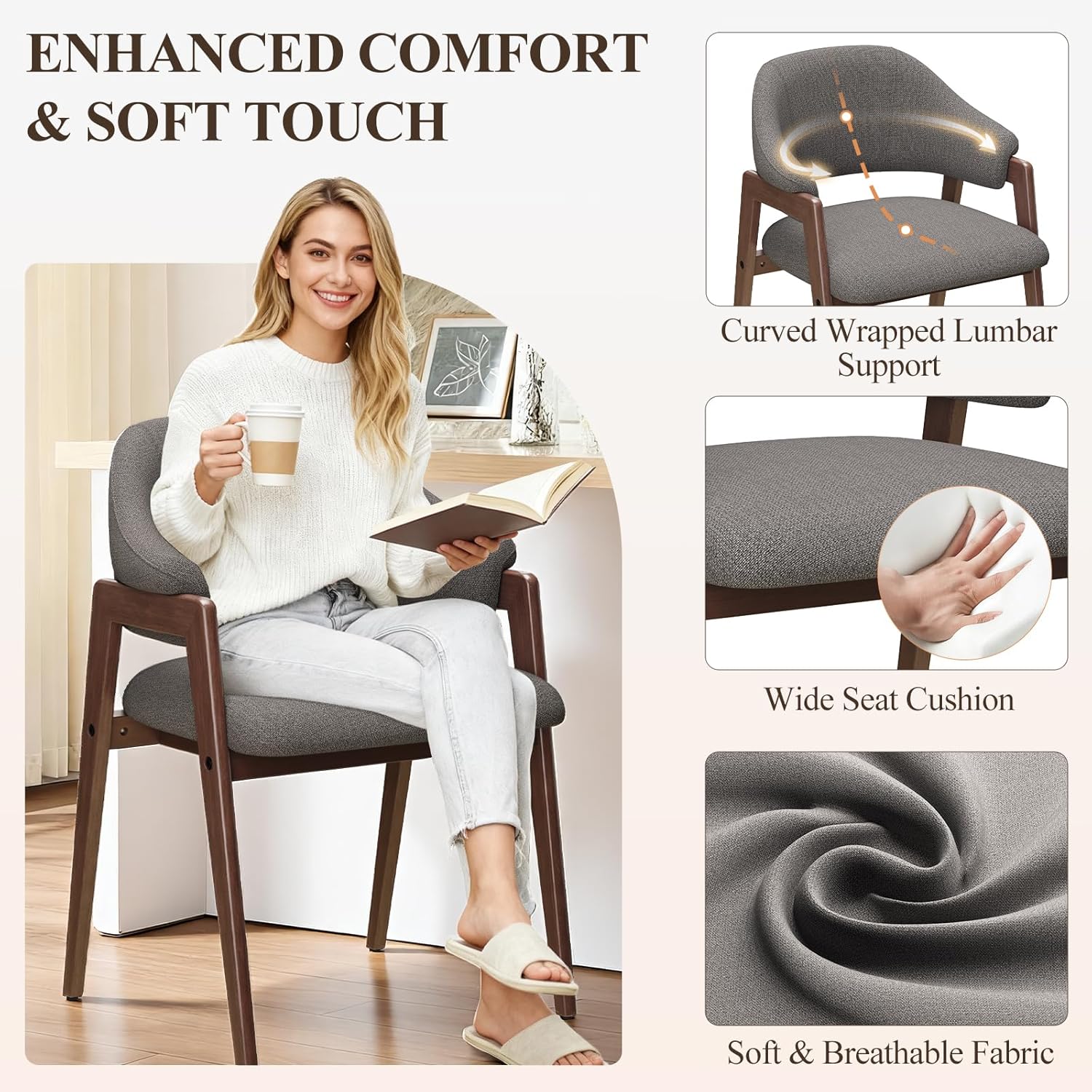 MALOL Wooden Dining Chairs Set of 2, Modern Fabric Upholstered Dining Room Chair, Kitchen Side Chairs, Farmhouse Dinner Chair with Curved Open Back for Kitchen, Grey