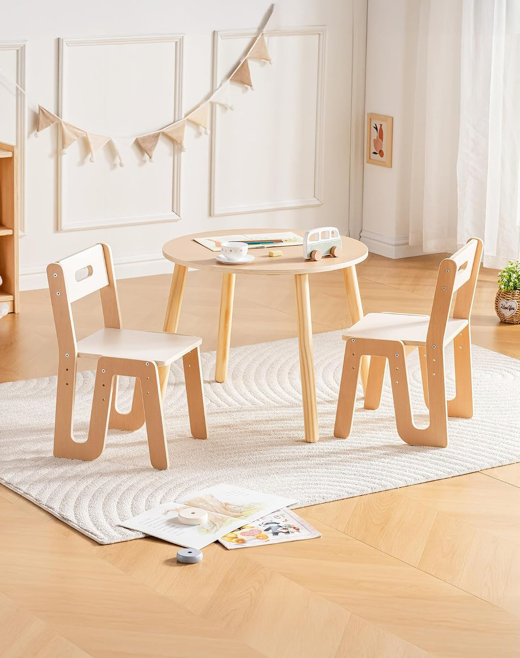 ROBUD Wooden Toddler Table and Chair Set, 2 Height Adjustable Toddler Chair Ages 3-8, Kids Desk for Classroom/Daycare/Home, Children Multi-Activity Table, WG425