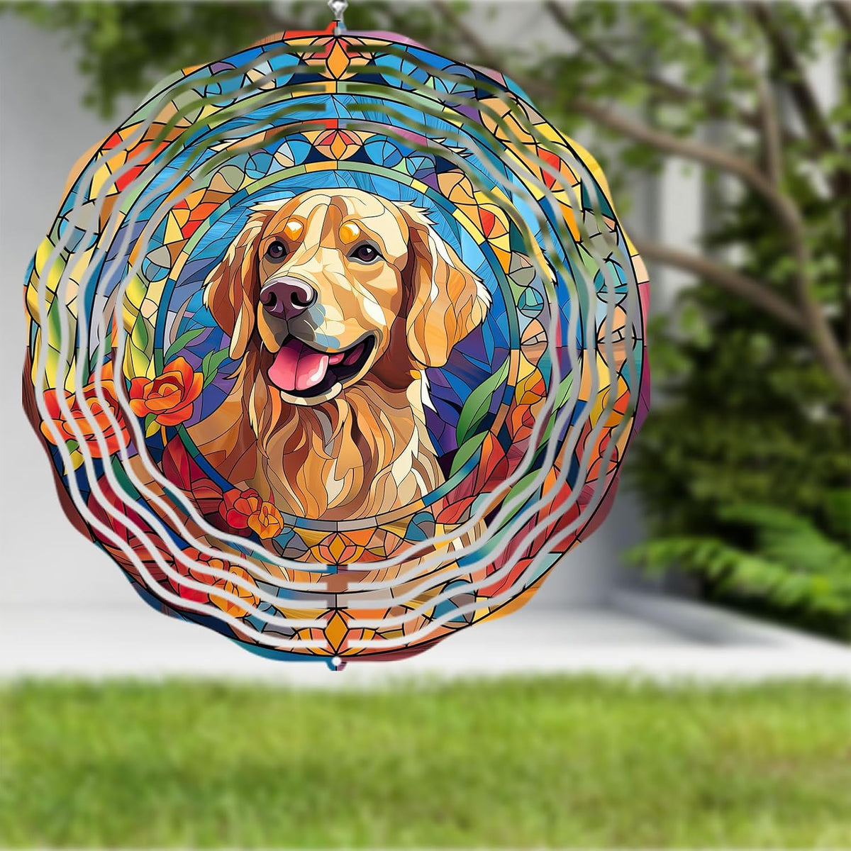 Golden Retriever Wind Spinner Pet Dog Memorial Gifts 3D Aluminum Metal Kinetic Hanging Wind Sculpture Spinners for Yard and Garden Indoor Outdoor Window Garden Decoration 8 Inch (Golden Retriever 1)