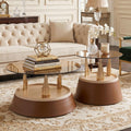 Round Glass Coffee Table Set of 2, Brown, 27.5 Inch | Amber tempered glass tops, brown metal pedestal bases, gold supports, two-tier design for living rooms and apartments