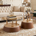 Round Glass Coffee Table Set of 2, Brown, 27.5 Inch | Amber tempered glass tops, brown metal pedestal bases, gold supports, two-tier design for living rooms and apartments