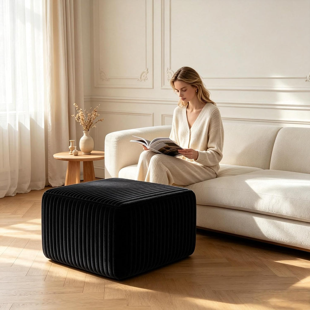 28 Inch Corduroy Square Ottoman Foot Rest, Modular Cloud Sofa Cube Pouf, 250LBS No Assembly Foot Stool for Living Room (Black, 25.7" D x 28" W x 15.7" H)