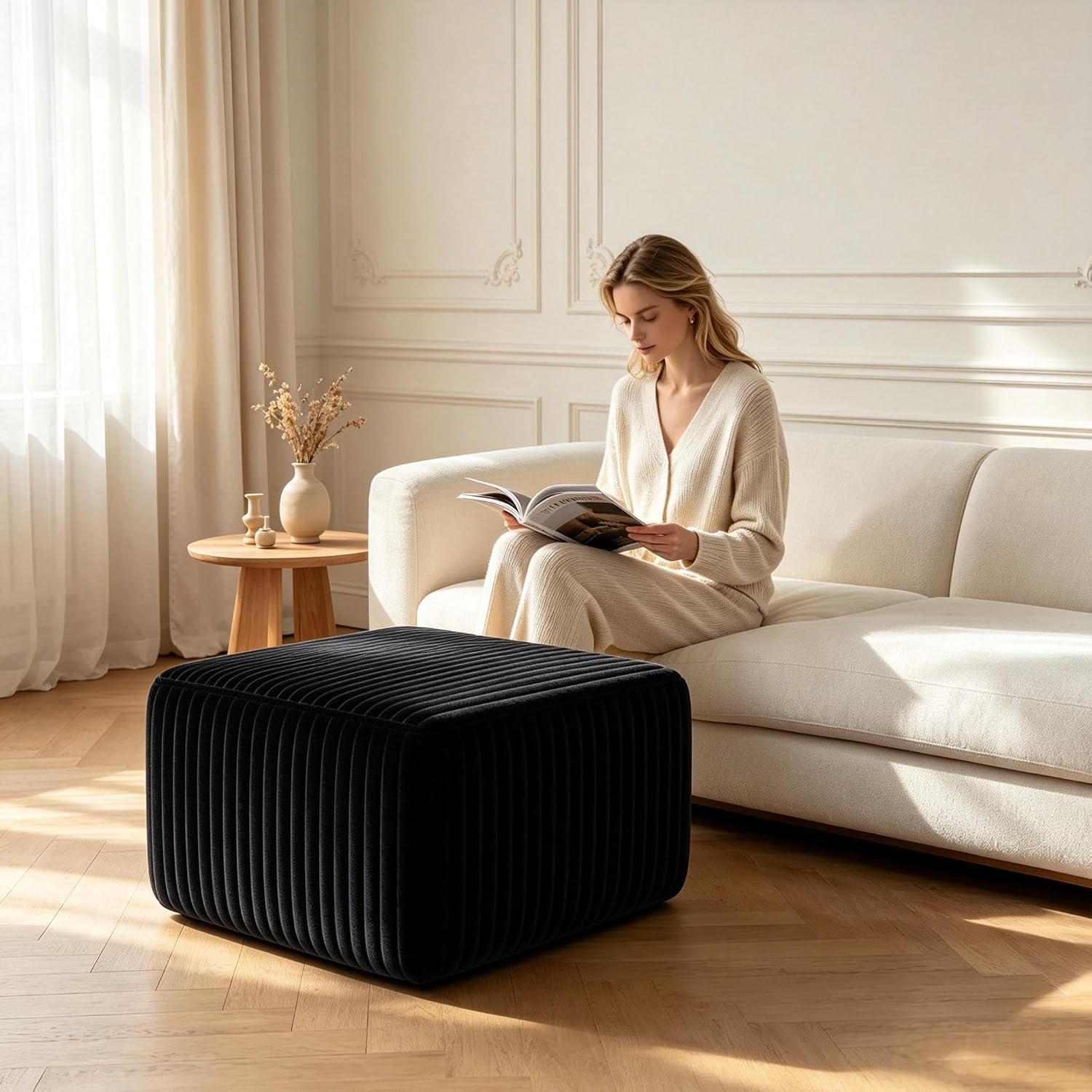 28 Inch Corduroy Square Ottoman Foot Rest, Modular Cloud Sofa Cube Pouf, 250LBS No Assembly Foot Stool for Living Room (Black, 25.7" D x 28" W x 15.7" H)