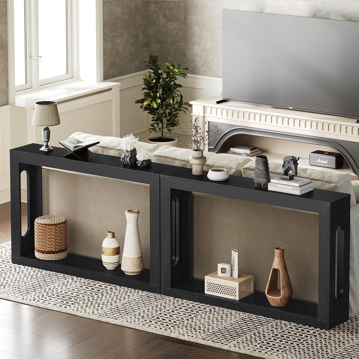 YATINEY Farmhouse Console Table, 47.2 Inches Wooden Sofa Table, Behind Couch Table with Storage, Industrial Hallway Accent Table for Living Room, Entryway, Hallway, Black CT24BK