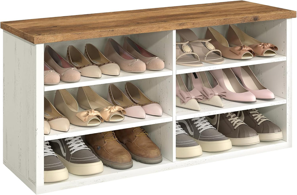 VASAGLE Shoe Bench, Storage Bench, 11.6 x 39.4 x 19.7 Inches | 6 Compartments, Adjustable Shelves, for Living Room, Entryway, Rustic White and Honey Brown, ISLAND Collection ULSB036W02
