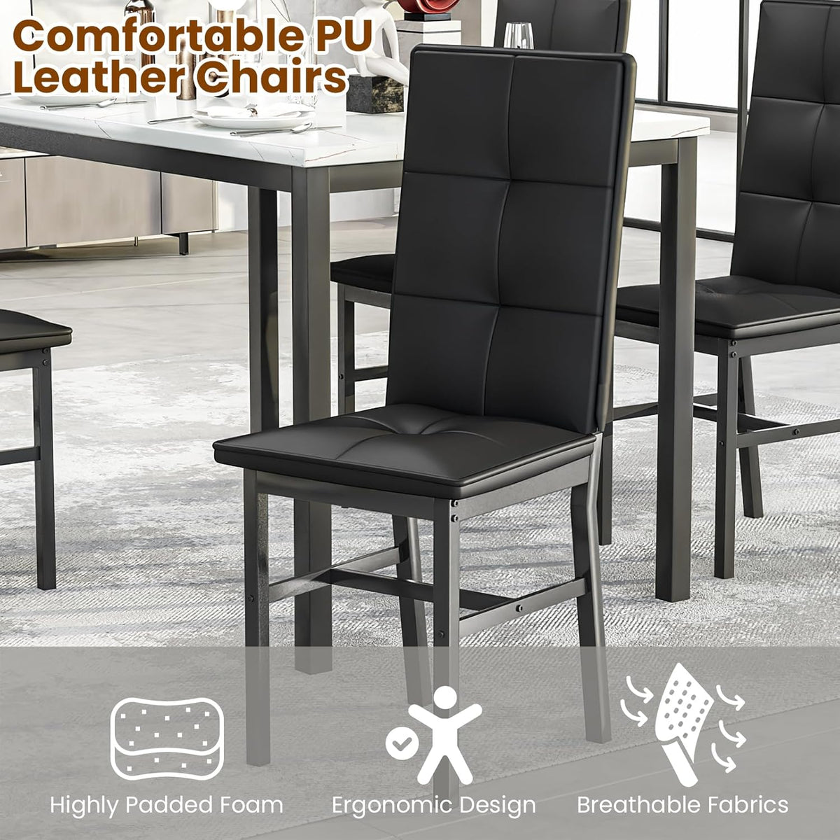 Hooseng Dining Table Set for 4, Faux Marble Small Kitchen Table with 4 PU Leather Chairs, Modern 5 Piece Dinner Table Set for Dining Room, Breakfast Nook, Samll Space, White & Black