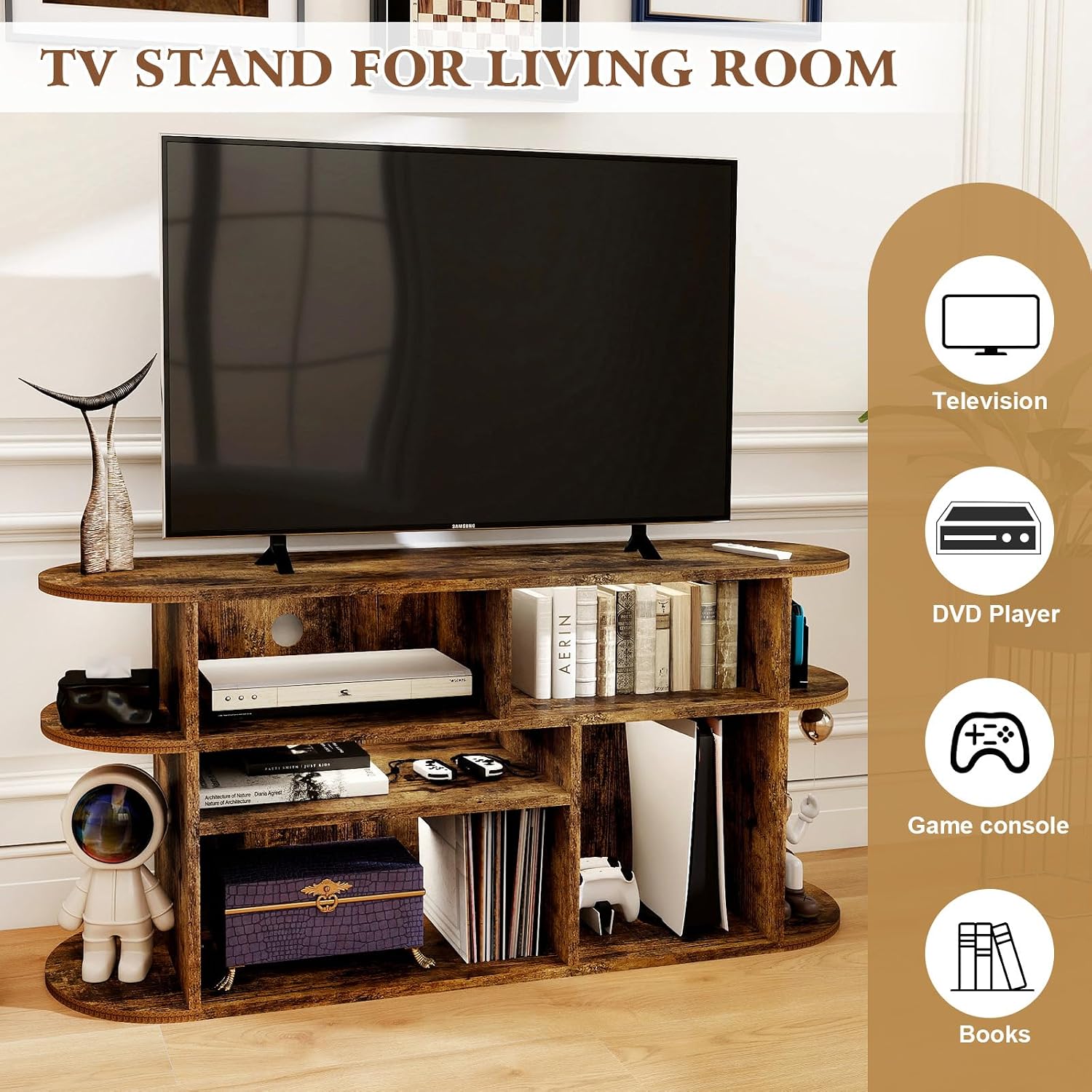 Solid Wood TV Stand for Living Room, Entertainment Center with Storage, TV Console, Adjustable Open Shelves&Wire Holes&Anti-Collision, Television Stands for Bedroom and Office