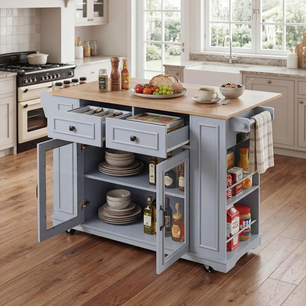 Rolling Kitchen Island Cart with Wood Countertop, Mobile Kitchen Storage Cart with Drawers, Glass Door Cabinet & Side Spice Rack for Small Kitchen