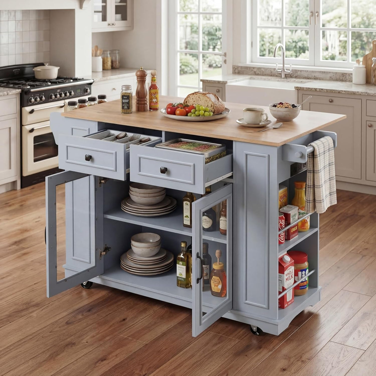 Rolling Kitchen Island Cart with Wood Countertop, Mobile Kitchen Storage Cart with Drawers, Glass Door Cabinet & Side Spice Rack for Small Kitchen