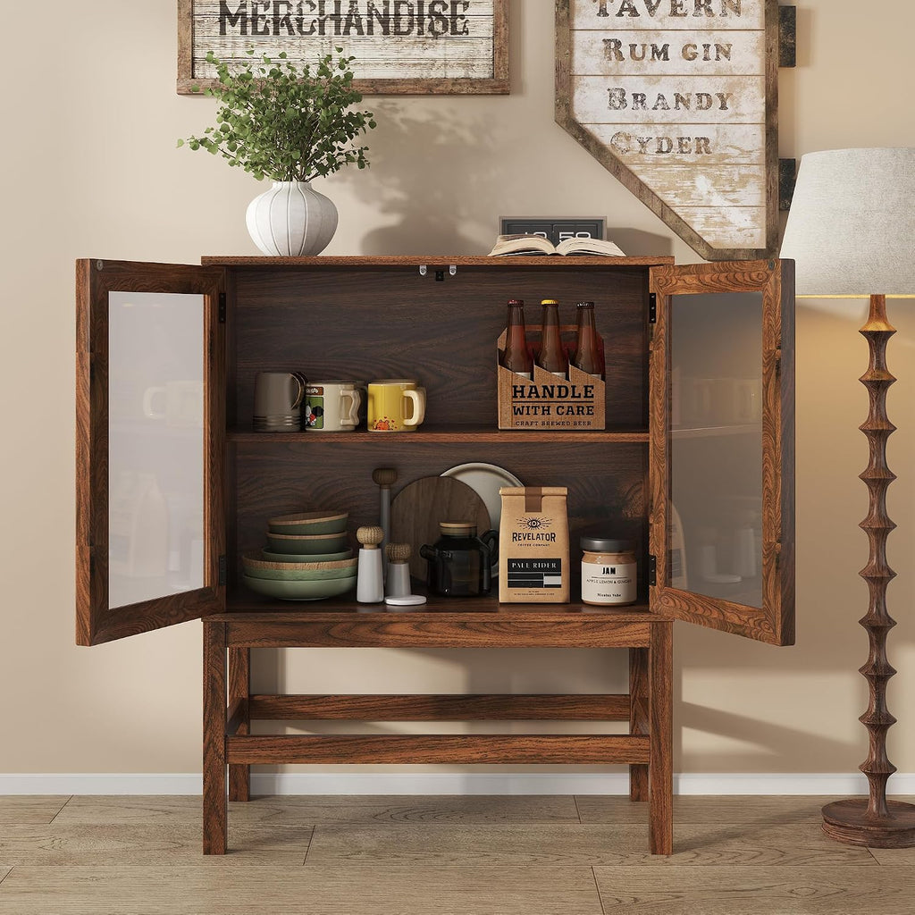 Sideboard Buffet Cabinet with Storage, Small Kitchen Coffee Wine Bar Cabinet with Glass Press-to-Open Doors, Wood Mid Century Modern Side Board Table for Dining Room, Living Room, Walnut
