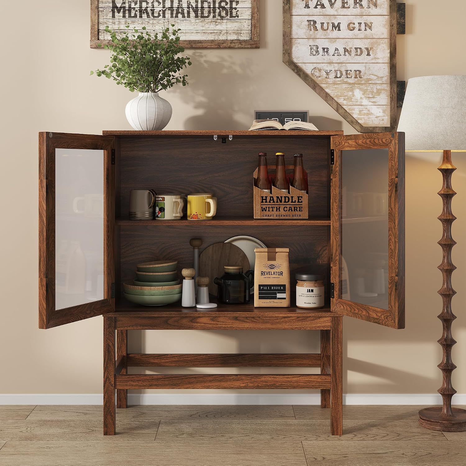 Sideboard Buffet Cabinet with Storage, Small Kitchen Coffee Wine Bar Cabinet with Glass Press-to-Open Doors, Wood Mid Century Modern Side Board Table for Dining Room, Living Room, Walnut