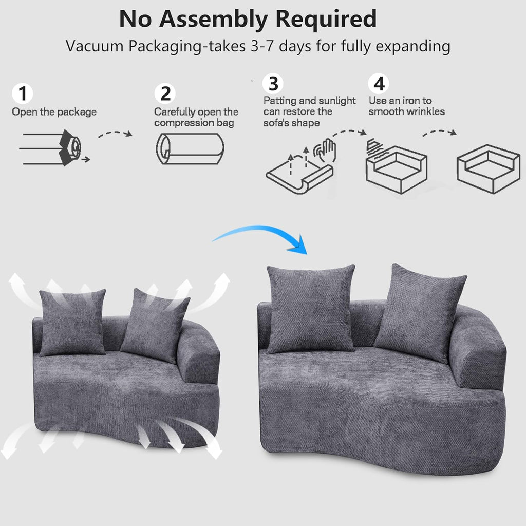 L Shaped Single Sofa, Modern Comfy Chenille Fabric Loveseat Couch, No Assembly Required Small Couch with Deep Seat, 2 Pillows for Living Room, Apartment, Bedroom