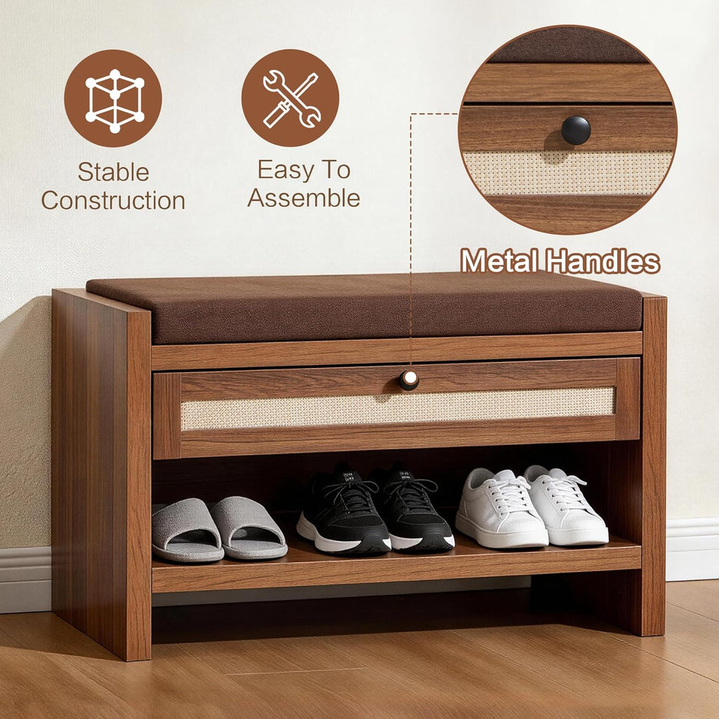 VipDesk Rattan Shoe Bench with Storage Drawer and Cushion Seat, Walnut Wood Entryway Bench 330 lbs Capacity, Waterproof for Hallway, Bedroom, Living Room