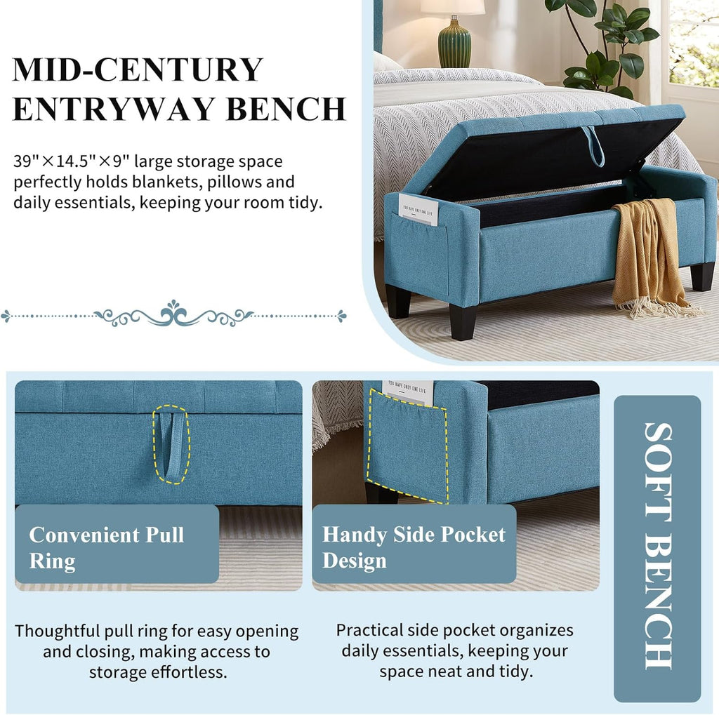 Modern Storage Ottoman Bench, Linen Upholstered End of Bed Bench with Tufted Design, Mid-Century Entryway Bench with Pull Ring, Padded Window Bench for Entryway，Bedroom (Blue+Line)