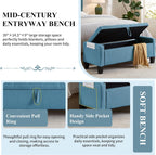 Modern Storage Ottoman Bench, Linen Upholstered End of Bed Bench with Tufted Design, Mid-Century Entryway Bench with Pull Ring, Padded Window Bench for Entryway，Bedroom (Blue+Line)