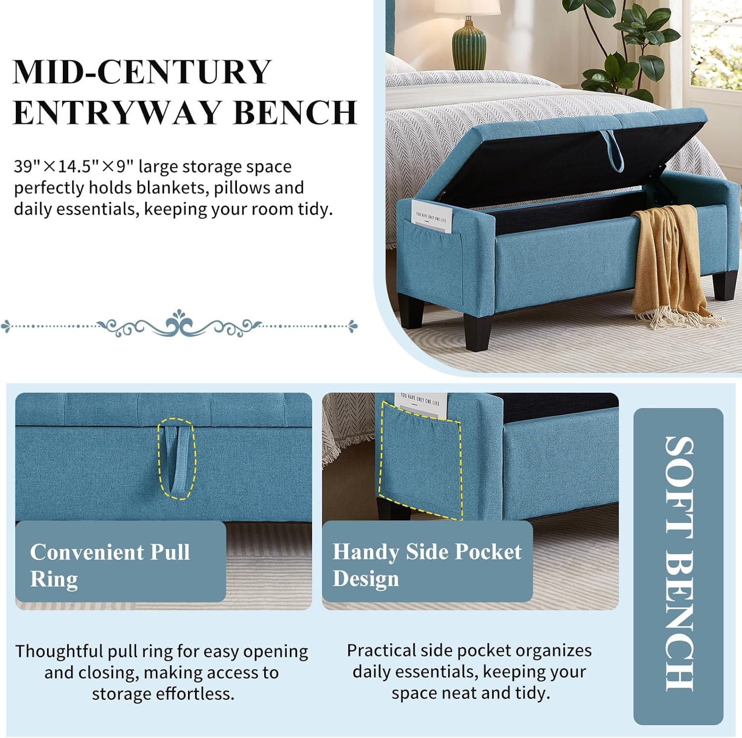 Modern Storage Ottoman Bench, Linen Upholstered End of Bed Bench with Tufted Design, Mid-Century Entryway Bench with Pull Ring, Padded Window Bench for Entryway，Bedroom (Blue+Line)