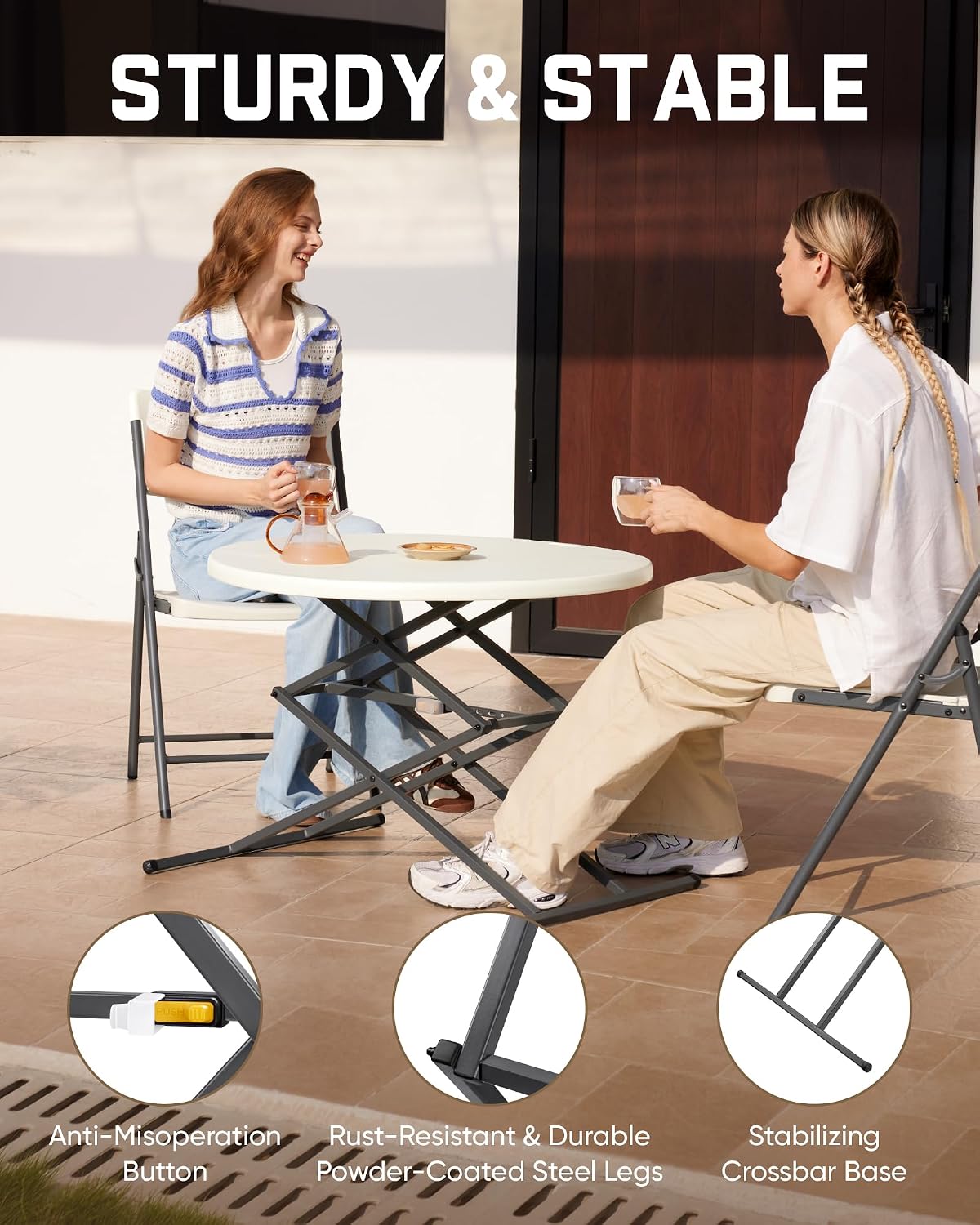 FanttikOutdoor Folding Table Round 32" Quick Adjust 4 Heights Party, Patio | One-Handed Adjustable Tall Bistro Foldable Bar Height Table, Cocktail, Backyard, Dining, Wedding, White Zeta O3 Pro