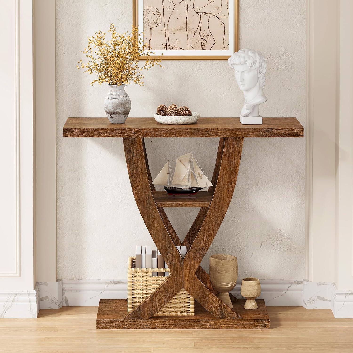 FAVOOSTY Entryway Table, 3 Tier Hallway Table, Console Tables for Living Room, Narrow Entrance Table with Storage, Sofa Table Behind Counch, Accent Table for Entry Foyer, Rustic Brown