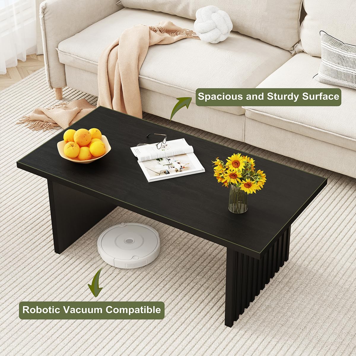 BON AUGURE Black Coffee Table, 43 Inch Modern Coffee Tables for Living Room, Wooden Center Table, Living Room Tables for Home, Office (Black Oak)