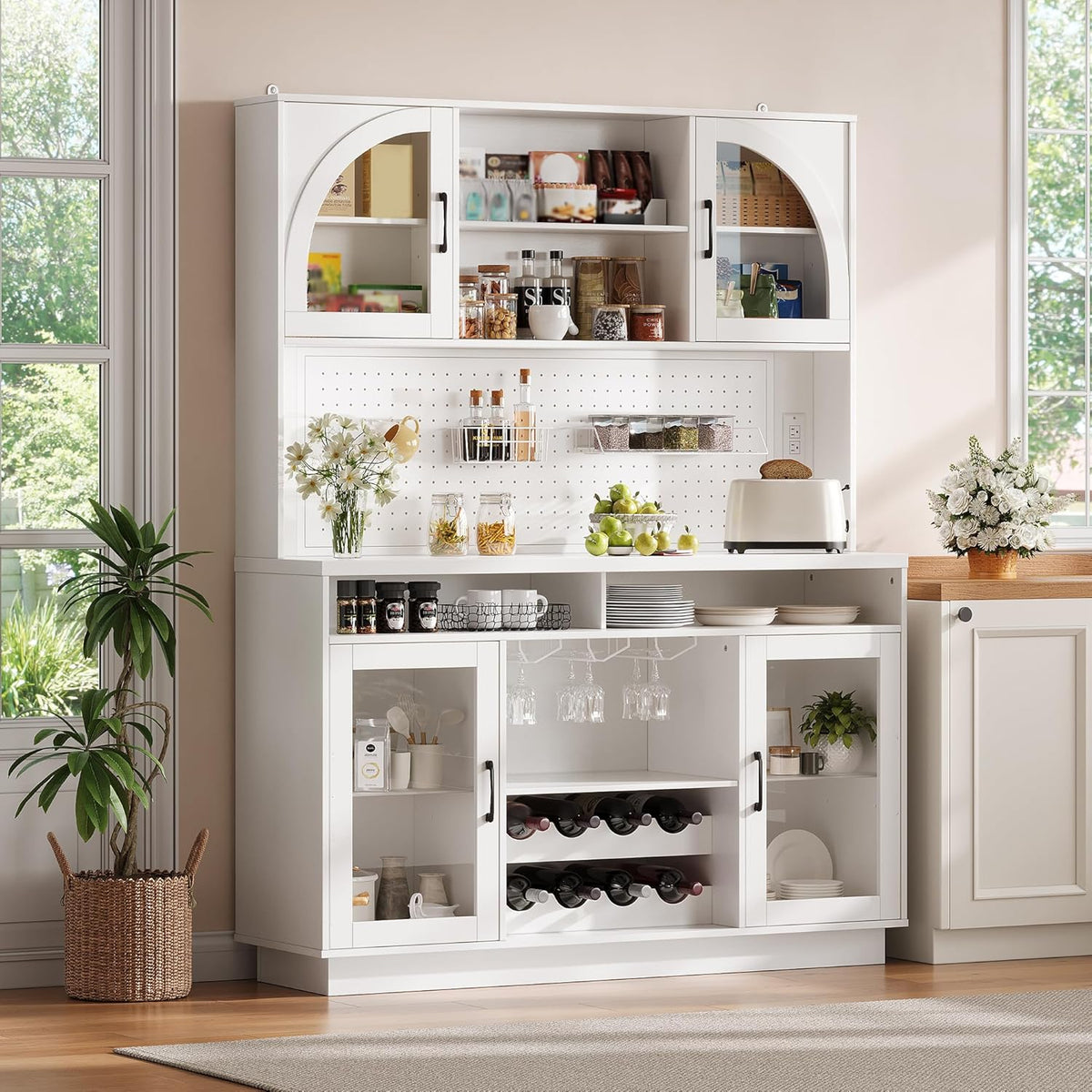 71" Kitchen Pantry Storage Cabinet with LED Light & Outlet, White | Large Countertop, DIY Pegboard, Adjustable Shelves, Freestanding Cupboards Sideboard for Living Room and Dinning