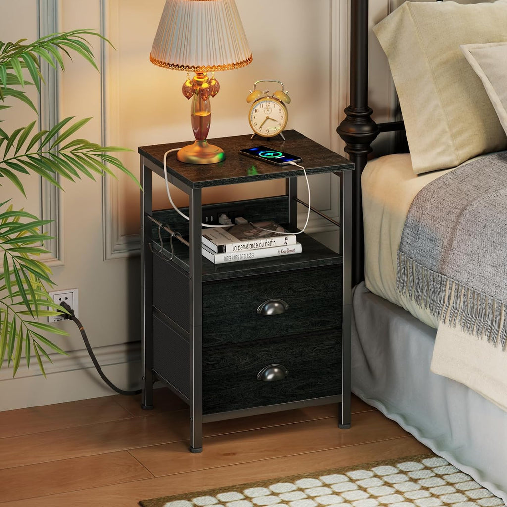 Furologee Nightstand with Charging Station, 2 Fabric Drawers, Black Oak | Night Stand Features USB Ports, Open Shelf, S Hooks, for Easy Living Room or Bedside Storage.