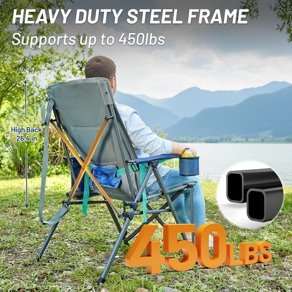 Timber Ridge Oversized Camping Chair with Lumbar Support, Portable Folding Chair Heavy Duty for Adults Supports 450 LBS for Outdoor Camping Lawn, with High Back, Cup Holder, Side Pocket, Blue