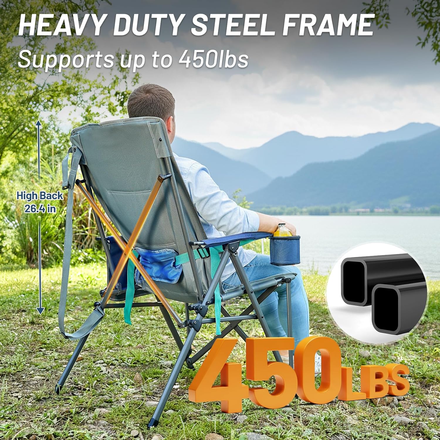 Timber Ridge Oversized Camping Chair with Lumbar Support, Portable Folding Chair Heavy Duty for Adults Supports 450 LBS for Outdoor Camping Lawn, with High Back, Cup Holder, Side Pocket, Blue