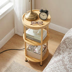 3-Tier Bamboo Round Side Table with Charging Station, Small Round Bamboo End Table with USB Ports & Power Outlets - Corner Table Sofa End Table for Living Room, Bedroom (with Outlet, Natural)