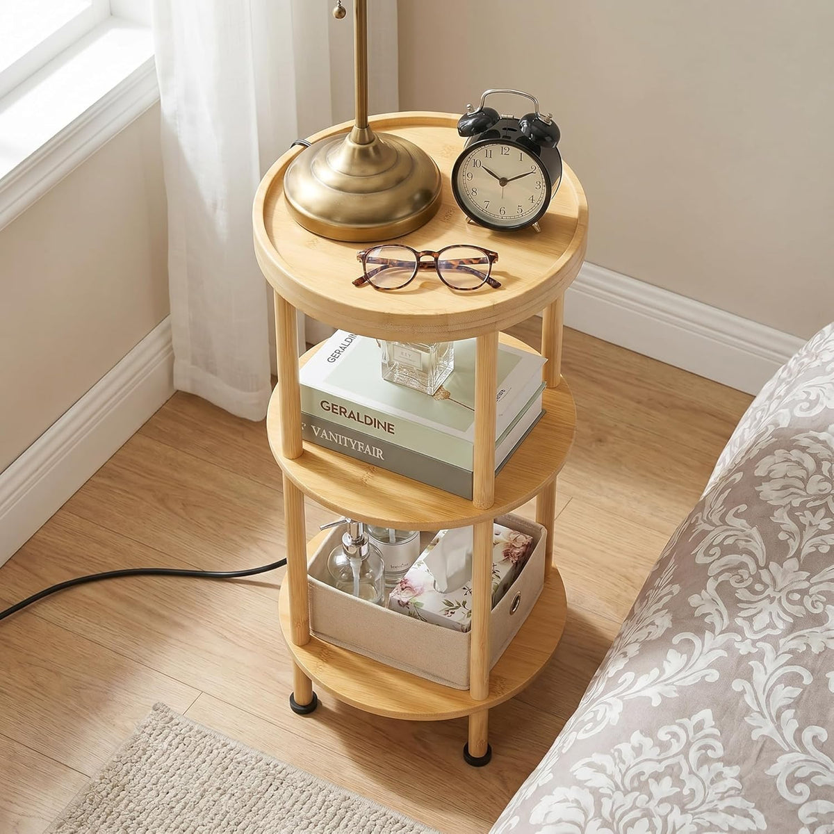 3-Tier Bamboo Round Side Table with Charging Station, Small Round Bamboo End Table with USB Ports & Power Outlets - Corner Table Sofa End Table for Living Room, Bedroom (with Outlet, Natural)