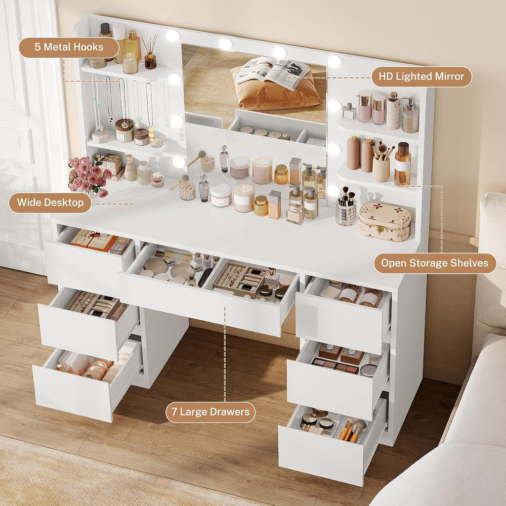 FIONESO Vanity Desk with Mirror and Lights, White | Makeup Vanity with 3 Colors LED Lights, White Vanity with 7 Drawers , 6 Shelves & 5 Jewel Hooks, Girls Vanity for Bedroom