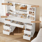 FIONESO Vanity Desk with Mirror and Lights, White | Makeup Vanity with 3 Colors LED Lights, White Vanity with 7 Drawers , 6 Shelves & 5 Jewel Hooks, Girls Vanity for Bedroom